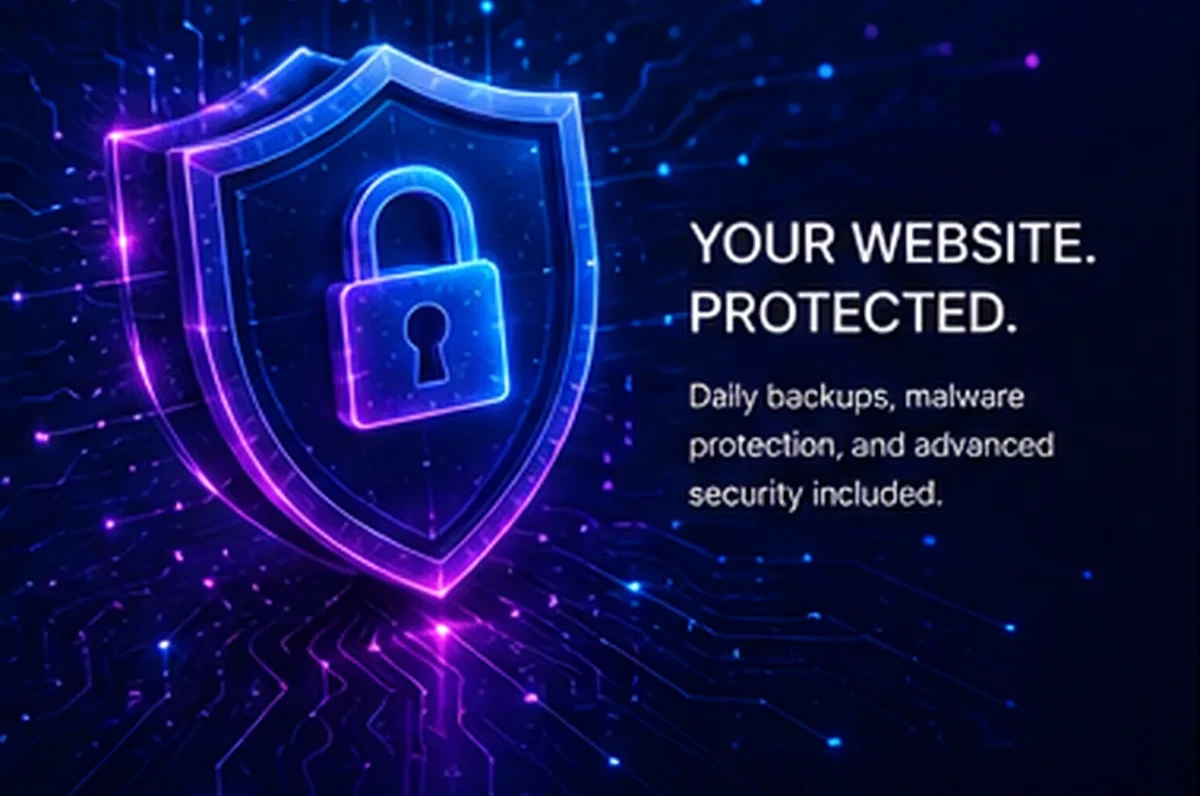 Shield and padlock representing website security, daily backups and malware protection