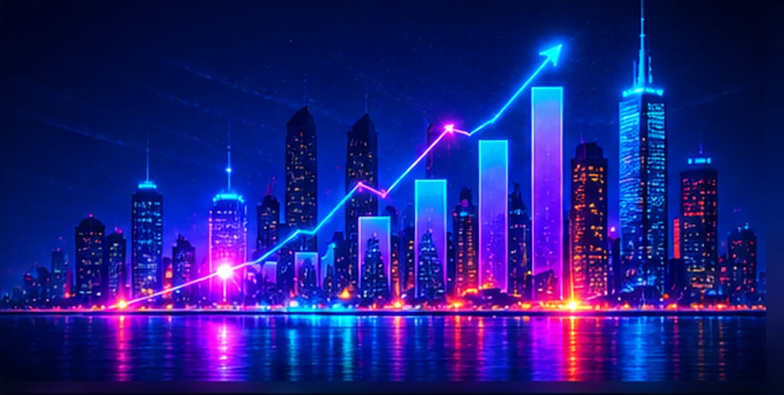 Neon city skyline with a rising growth chart