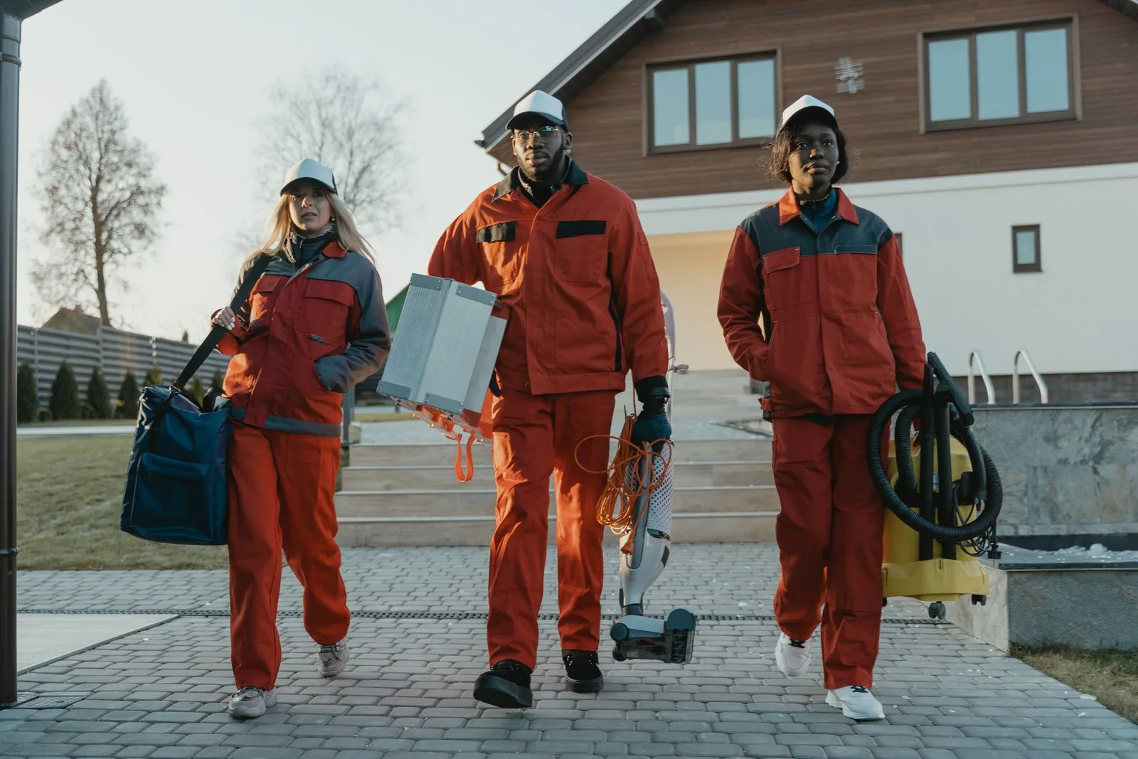 A team of professional cleaners walking outdoors in uniform, holding equipment