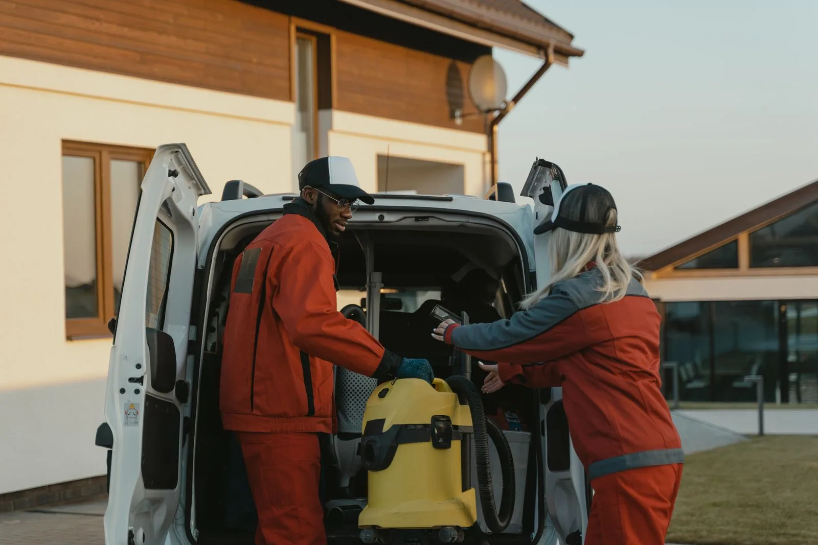 Two cleaners in red uniforms loading a vacuum into a service van