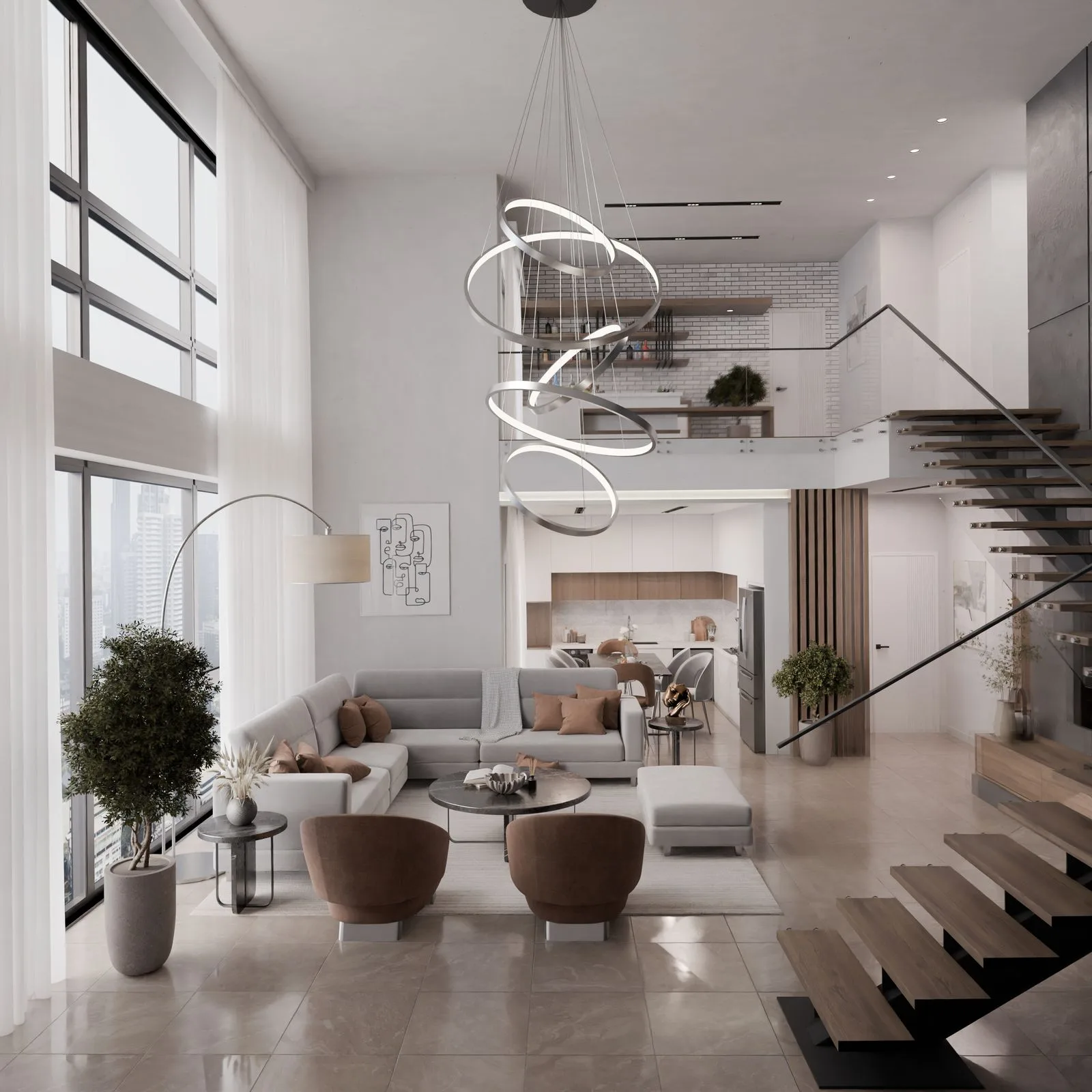 Spacious modern living room with chic furnishings and city view