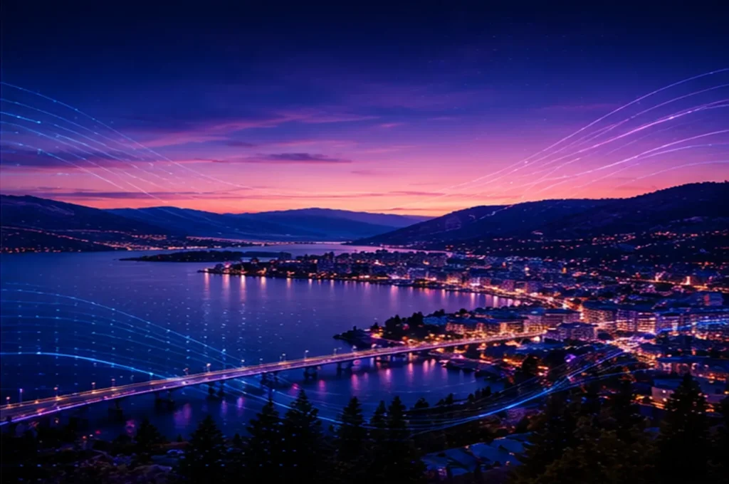 Kelowna at dusk from above, city lights and the lake beneath a violet sky